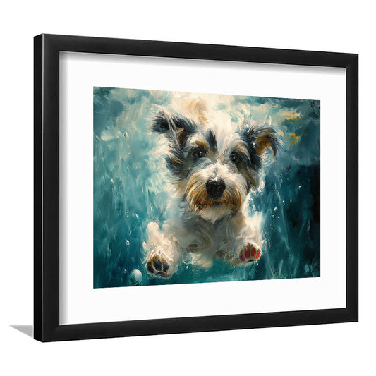 Bearded Collie Dog Swimming Underwater Watercolor, Funny Pet Art, Framed Art Print White Border Wall Decor