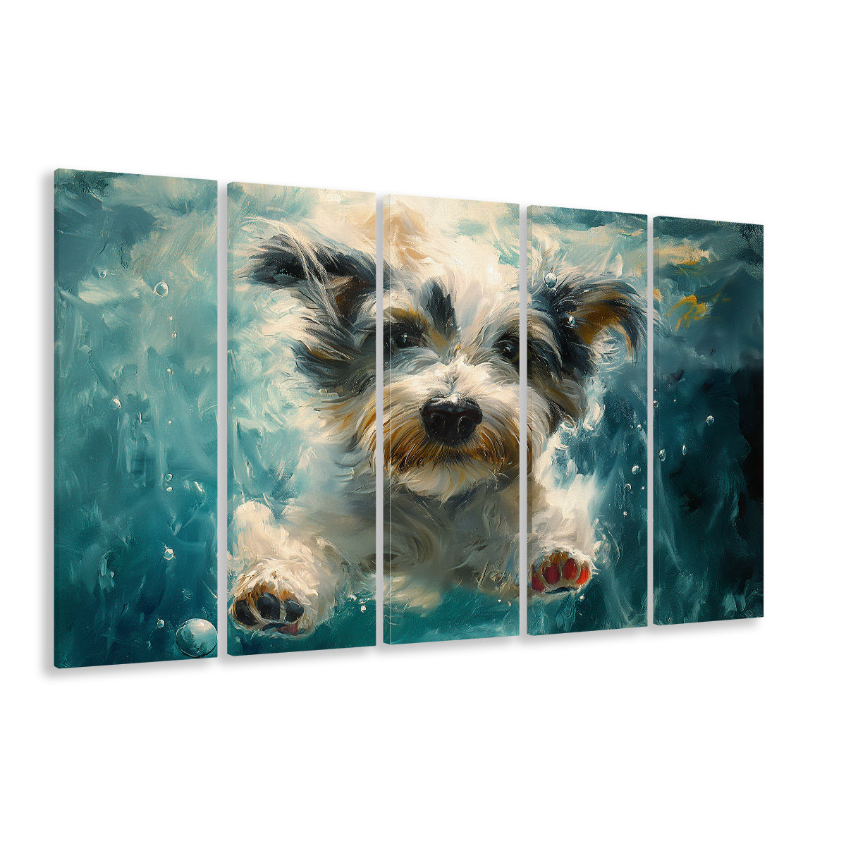 Bearded Collie Dog Swimming Underwater Watercolor, Funny Pet Art, Multi Panels Canvas Print Wall Art