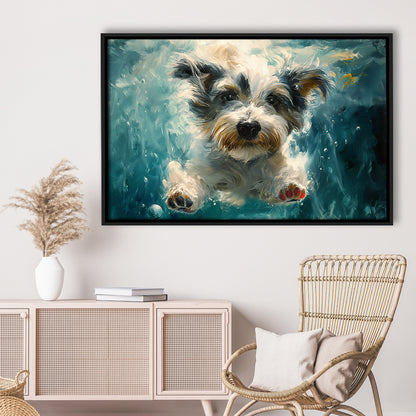 Bearded Collie Dog Swimming Underwater Watercolor, Funny Pet Art, Floating Framed Canvas Print Wall Art