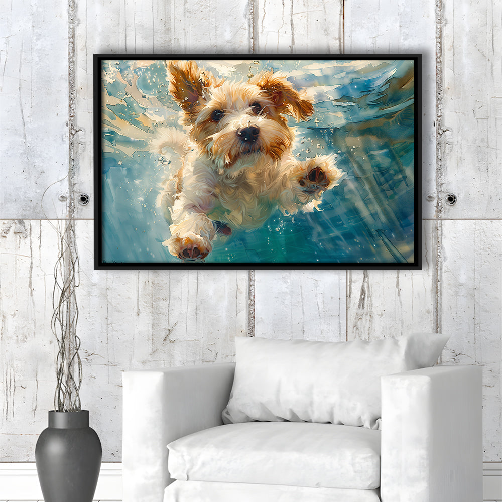 Bearded Collie Dog Underwater Watercolor, Funny Pet Art, Floating Framed Canvas Print Wall Art
