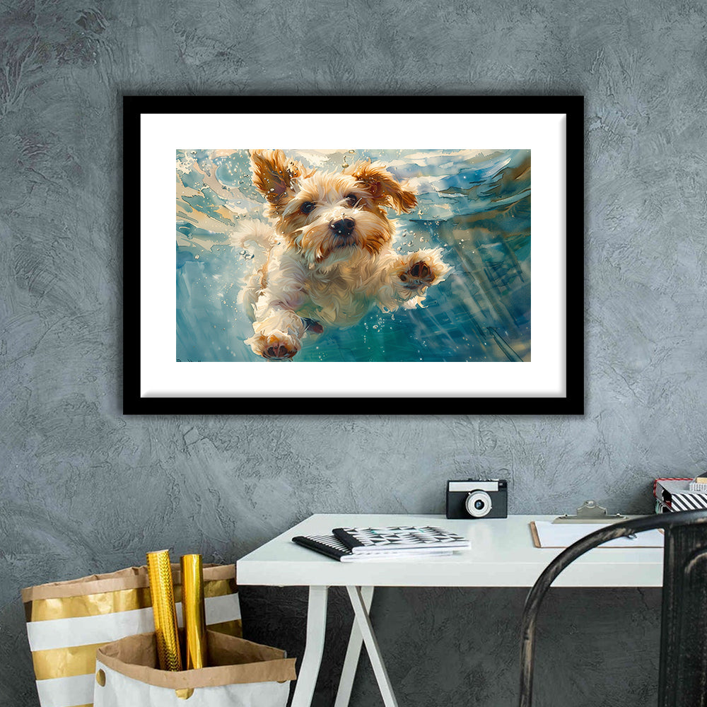 Bearded Collie Dog Underwater Watercolor, Funny Pet Art, Framed Art Print White Border Wall Decor