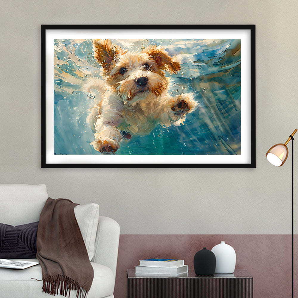Bearded Collie Dog Underwater Watercolor, Funny Pet Art, Framed Art Print White Border Wall Decor