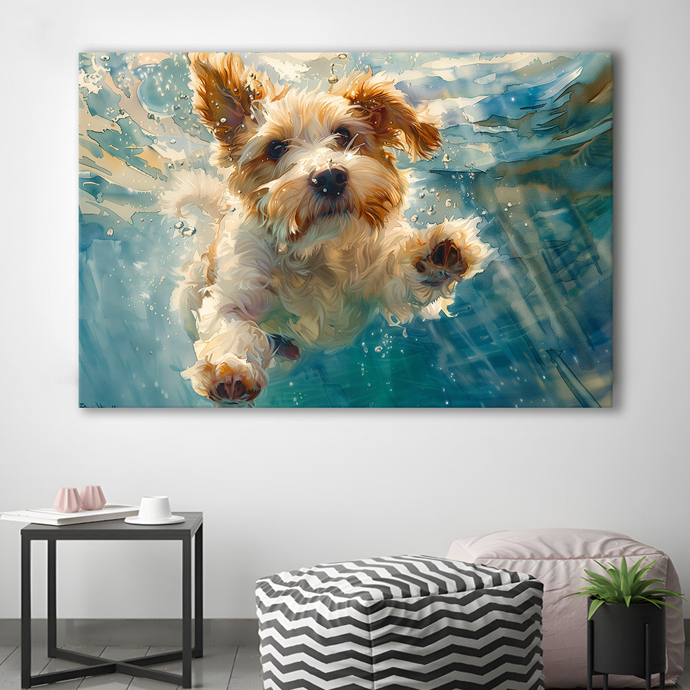 Bearded Collie Dog Underwater Watercolor, Funny Pet Art, Canvas Print Wall Art Home Decor