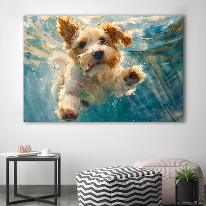 Bearded Collie Dog Underwater Watercolor, Funny Pet Art, Canvas Print Wall Art Home Decor
