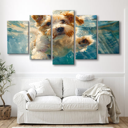 Bearded Collie Dog Underwater Watercolor, Funny Pet Art, Mixed Panels Canvas Print Wall Art