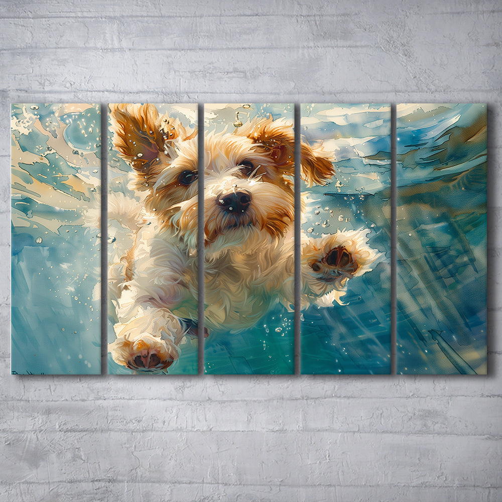 Bearded Collie Dog Underwater Watercolor, Funny Pet Art, Multi Panels Canvas Print Wall Art
