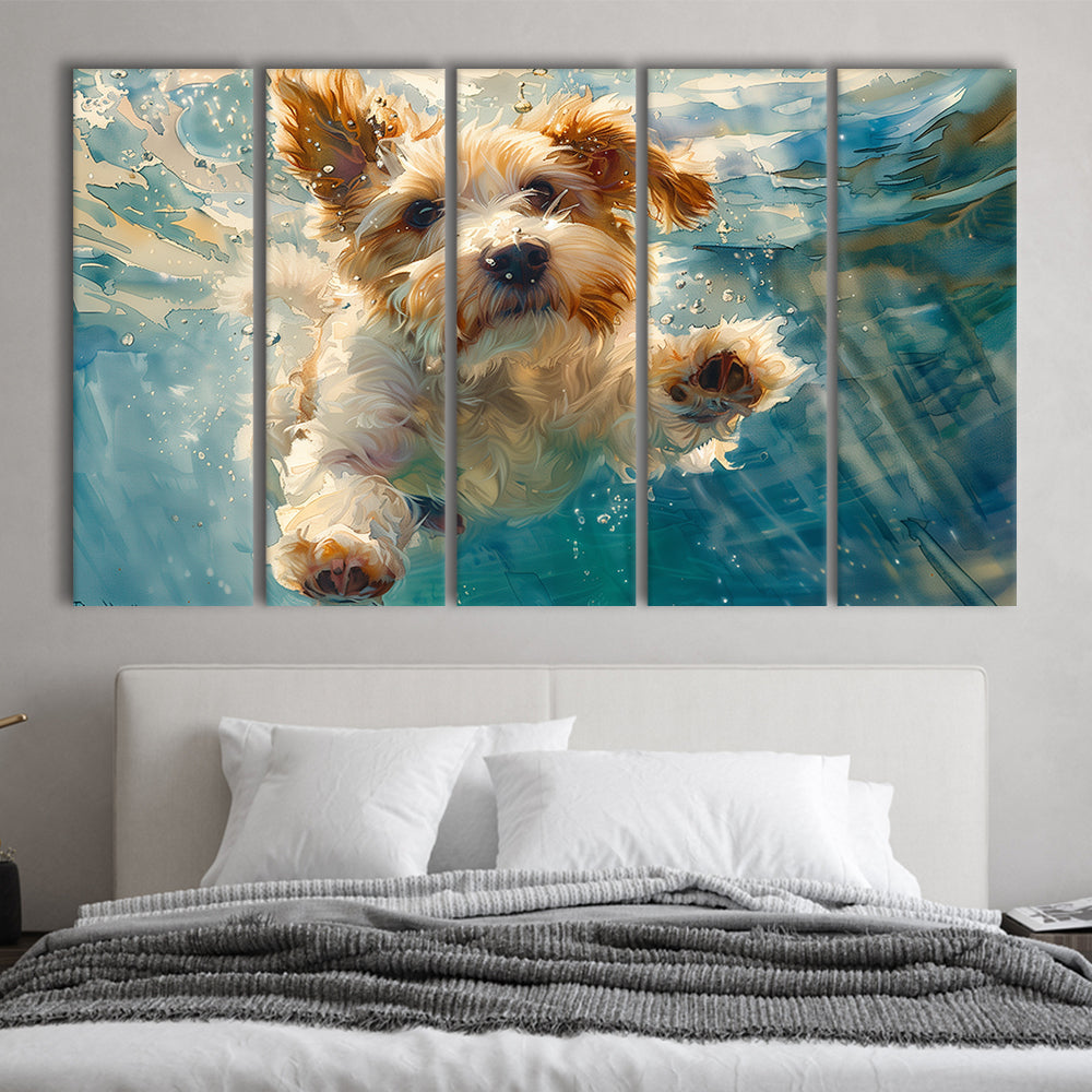 Bearded Collie Dog Underwater Watercolor, Funny Pet Art, Multi Panels Canvas Print Wall Art