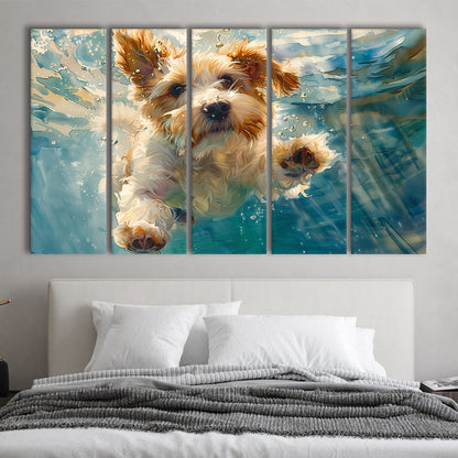 Bearded Collie Dog Underwater Watercolor, Funny Pet Art, Multi Panels Canvas Print Wall Art