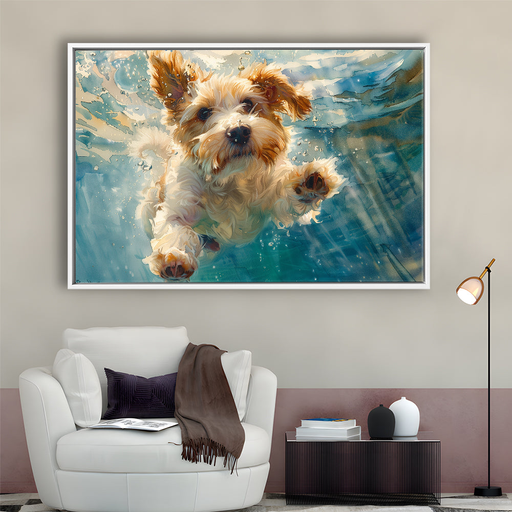 Bearded Collie Dog Underwater Watercolor, Funny Pet Art, Floating Framed Canvas Print Wall Art