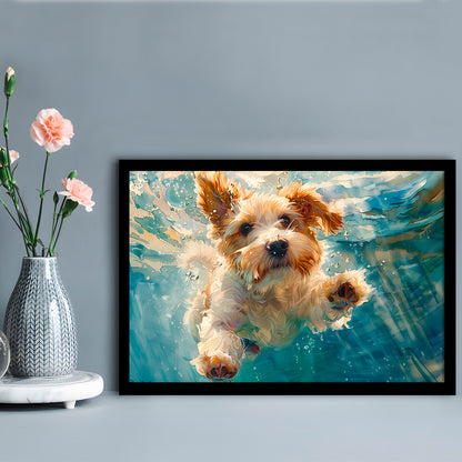Bearded Collie Dog Underwater Watercolor, Funny Pet Art, Framed Art Print Wall Decor, Framed Picture
