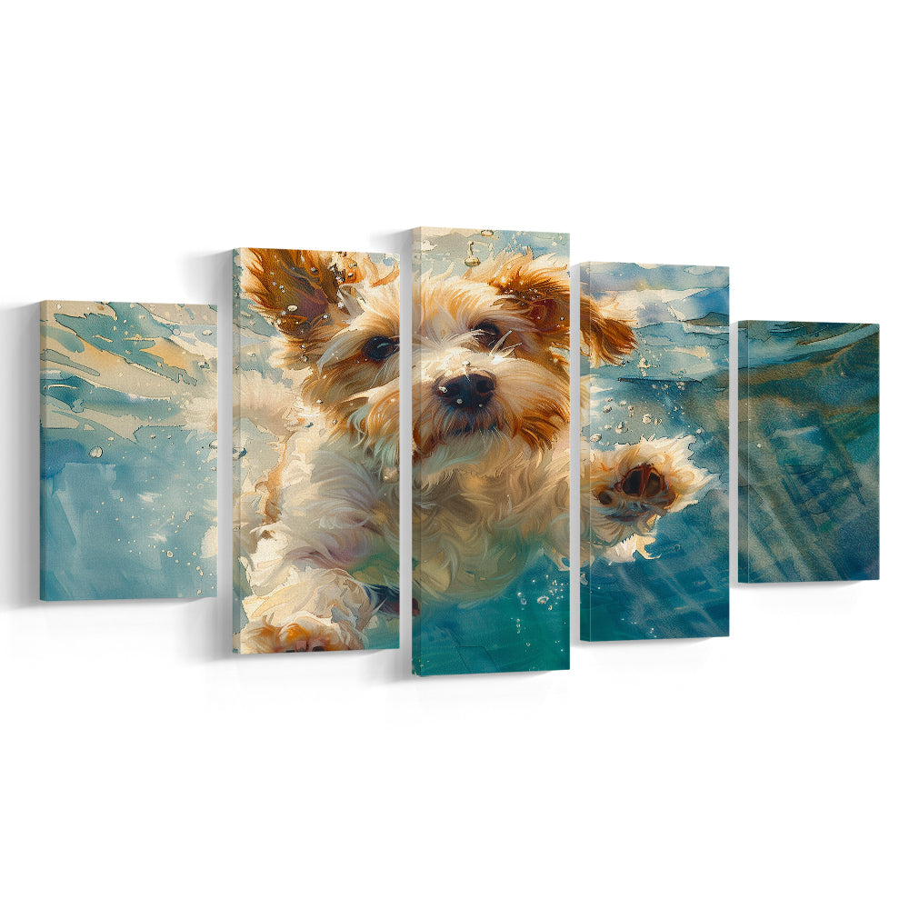 Bearded Collie Dog Underwater Watercolor, Funny Pet Art, Mixed Panels Canvas Print Wall Art