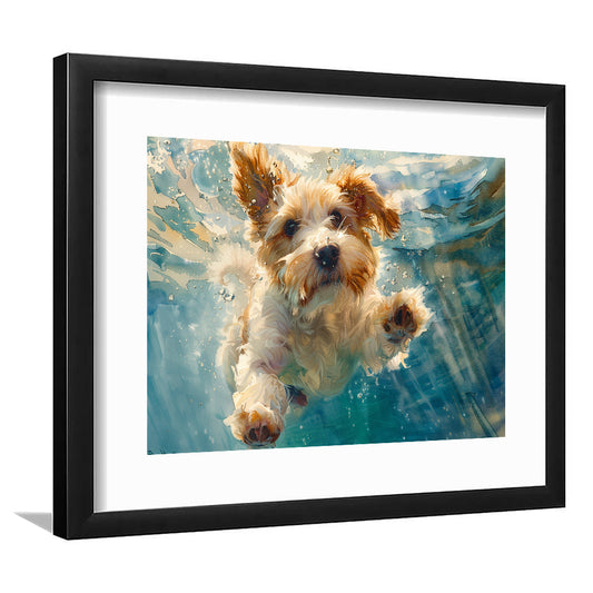 Bearded Collie Dog Underwater Watercolor, Funny Pet Art, Framed Art Print White Border Wall Decor