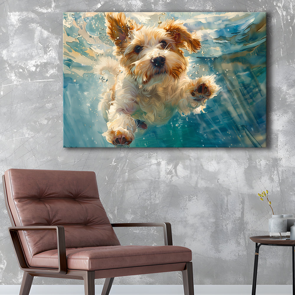 Bearded Collie Dog Underwater Watercolor, Funny Pet Art, Canvas Print Wall Art Home Decor