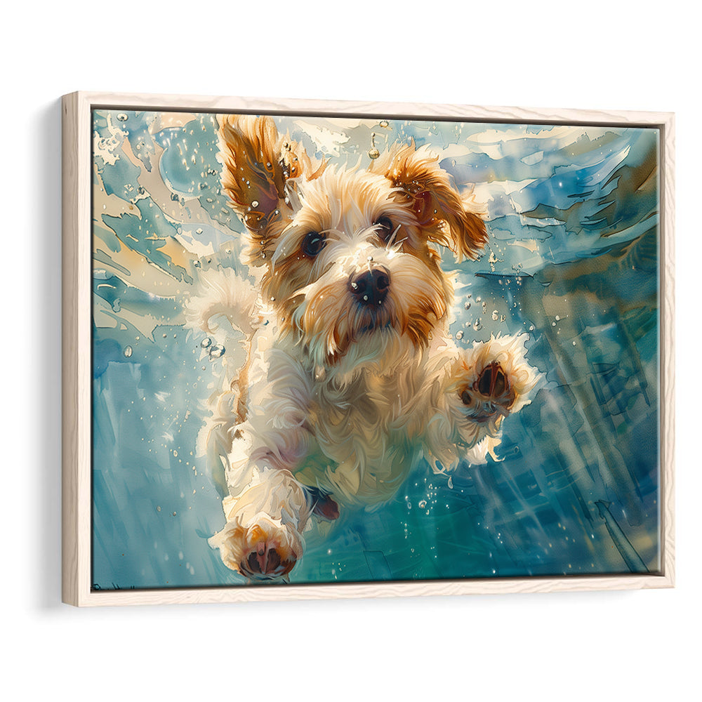 Bearded Collie Dog Underwater Watercolor, Funny Pet Art, Floating Framed Canvas Print Wall Art