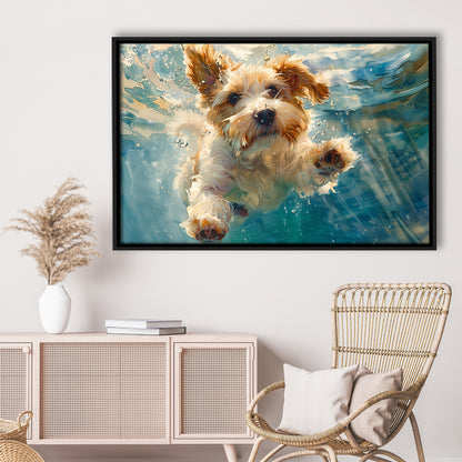 Bearded Collie Dog Underwater Watercolor, Funny Pet Art, Floating Framed Canvas Print Wall Art
