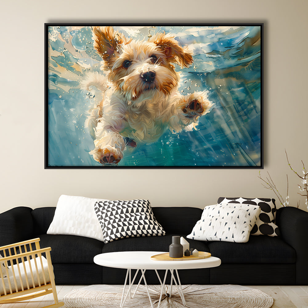 Bearded Collie Dog Underwater Watercolor, Funny Pet Art, Floating Framed Canvas Print Wall Art
