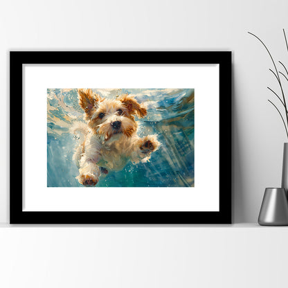 Bearded Collie Dog Underwater Watercolor, Funny Pet Art, Framed Art Print White Border Wall Decor