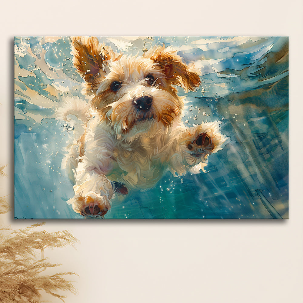 Bearded Collie Dog Underwater Watercolor, Funny Pet Art, Canvas Print Wall Art Home Decor