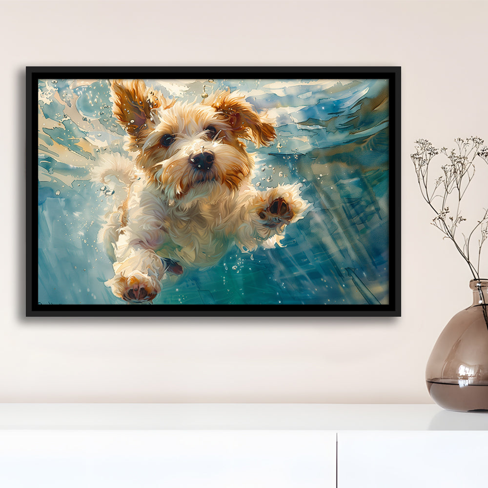 Bearded Collie Dog Underwater Watercolor, Funny Pet Art, Floating Framed Canvas Print Wall Art