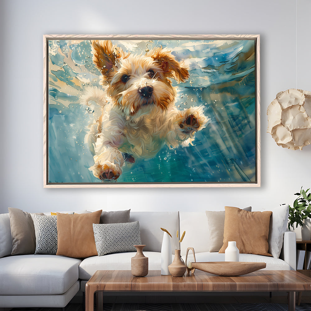 Bearded Collie Dog Underwater Watercolor, Funny Pet Art, Floating Framed Canvas Print Wall Art