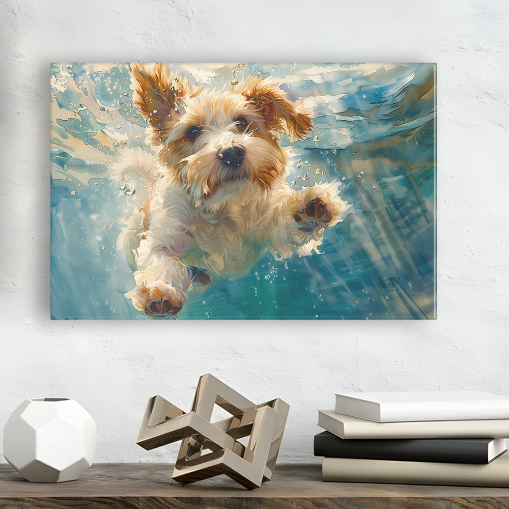Bearded Collie Dog Underwater Watercolor, Funny Pet Art, Canvas Print Wall Art Home Decor