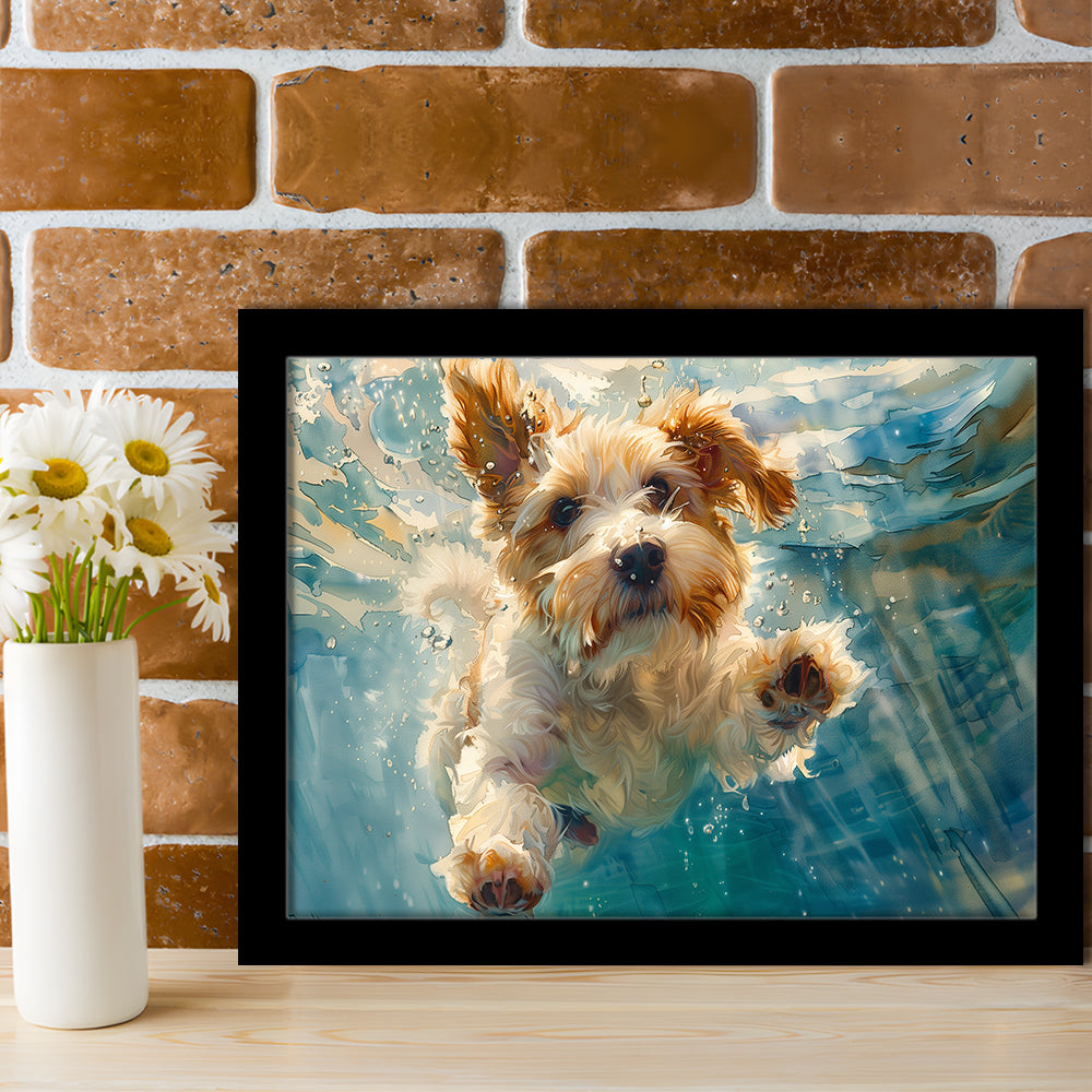 Bearded Collie Dog Underwater Watercolor, Funny Pet Art, Framed Art Print Wall Decor, Framed Picture