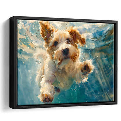 Bearded Collie Dog Underwater Watercolor, Funny Pet Art, Floating Framed Canvas Print Wall Art
