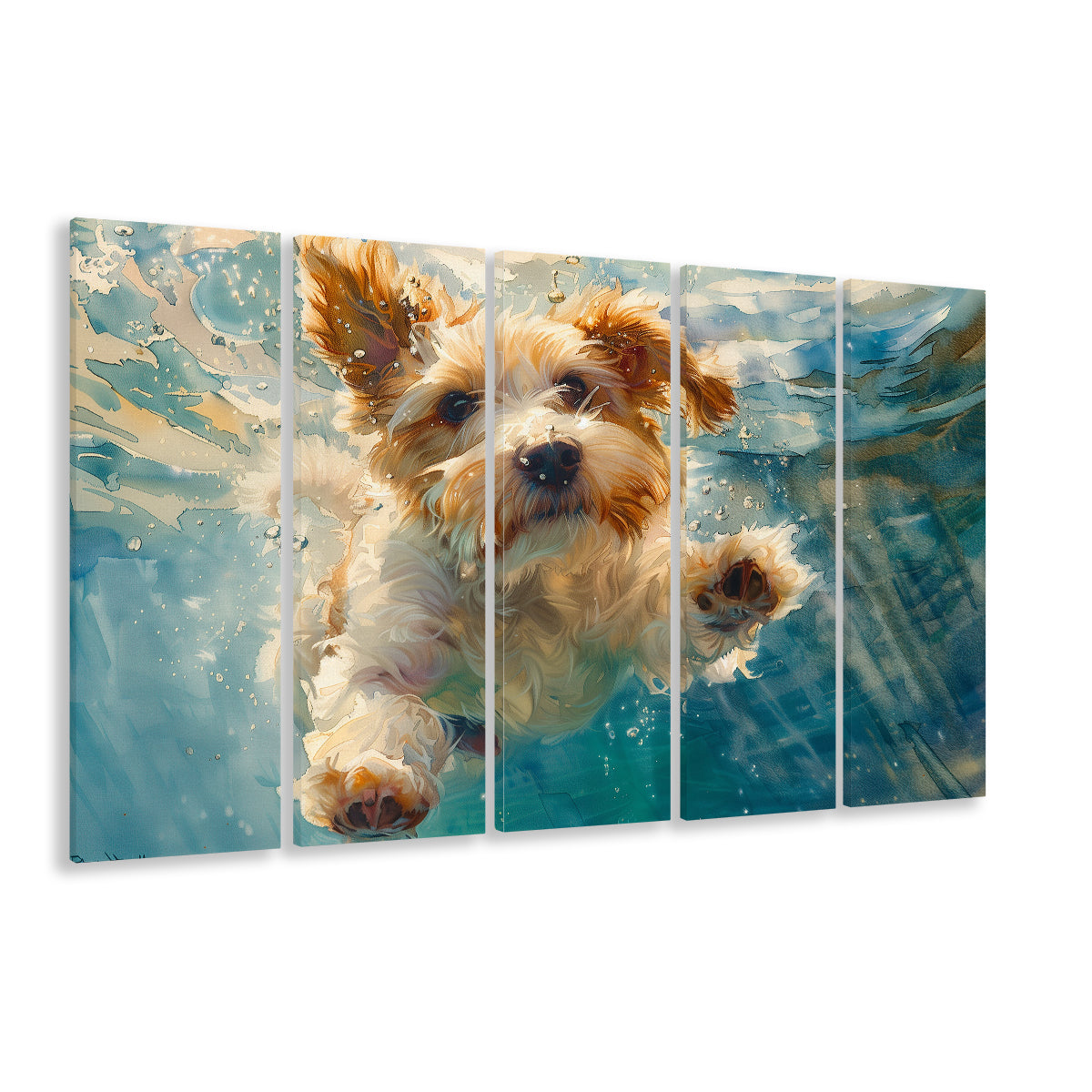 Bearded Collie Dog Underwater Watercolor, Funny Pet Art, Multi Panels Canvas Print Wall Art