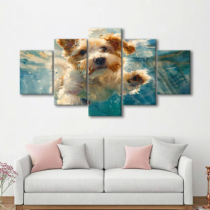 Bearded Collie Dog Underwater Watercolor, Funny Pet Art, Mixed Panels Canvas Print Wall Art