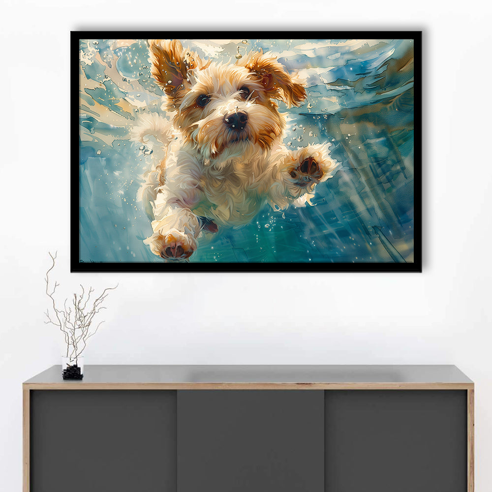 Bearded Collie Dog Underwater Watercolor, Funny Pet Art, Framed Art Print Wall Decor, Framed Picture