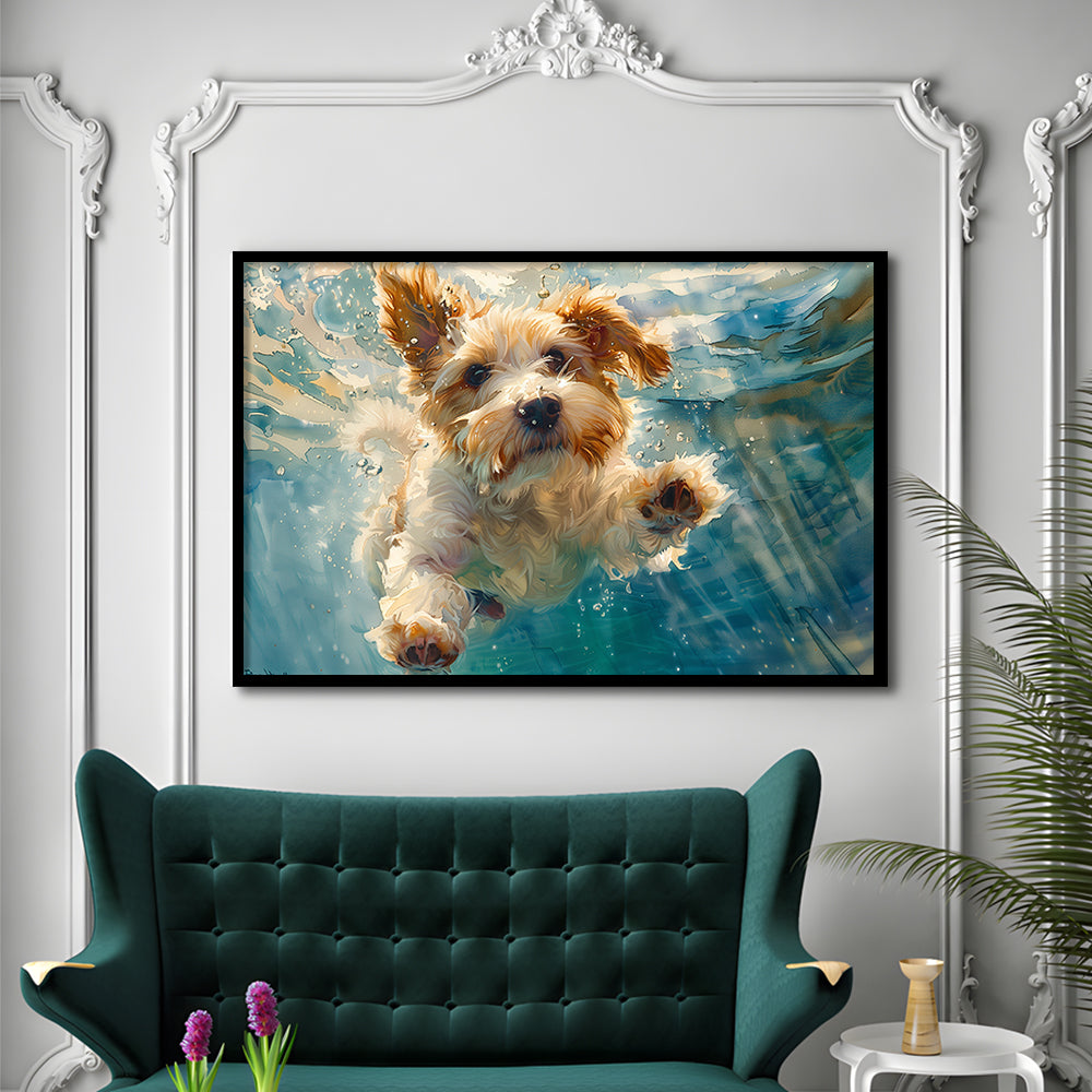 Bearded Collie Dog Underwater Watercolor, Funny Pet Art, Framed Art Print Wall Decor, Framed Picture