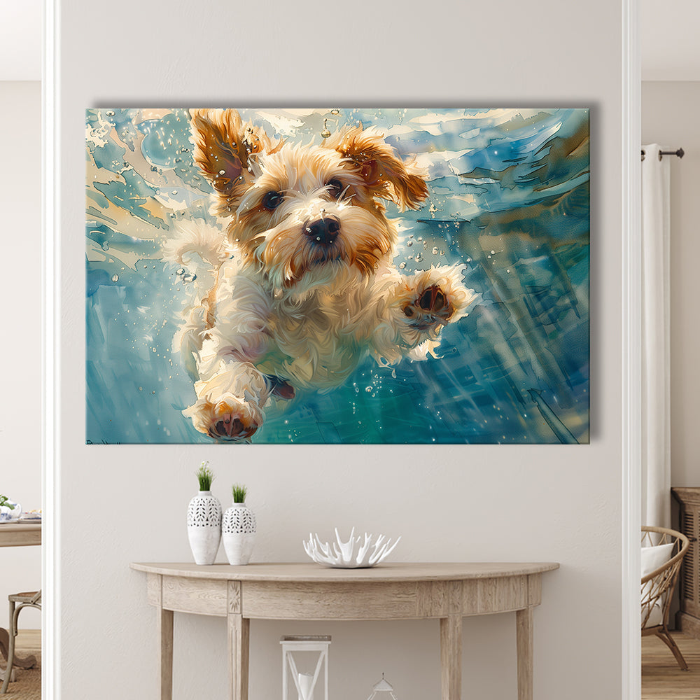Bearded Collie Dog Underwater Watercolor, Funny Pet Art, Canvas Print Wall Art Home Decor
