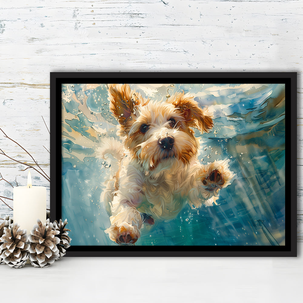 Bearded Collie Dog Underwater Watercolor, Funny Pet Art, Floating Framed Canvas Print Wall Art