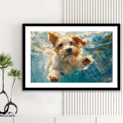 Bearded Collie Dog Underwater Watercolor, Funny Pet Art, Framed Art Print White Border Wall Decor