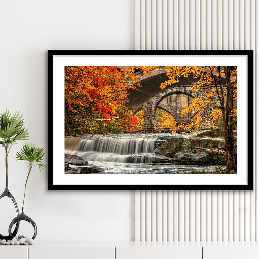 Beautiful Berea Falls In Autumn Ohio Large Stretched, Framed Art Print White Border