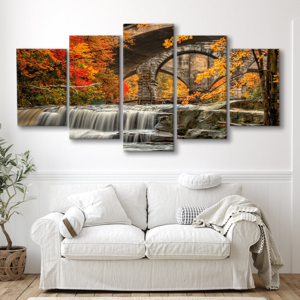Beautiful Berea Falls In Autumn Ohio Large Stretched Canvas, 5 Piece Large Cavas Print Wall Art