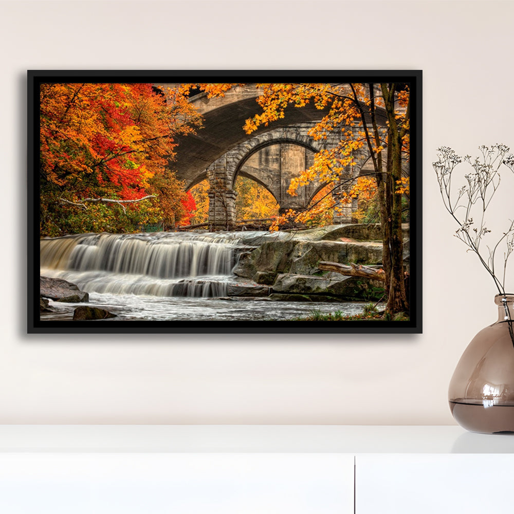 Beautiful Berea Falls In Autumn Ohio Large Stretched Canvas, Framed Cavas Print, Floating Frame