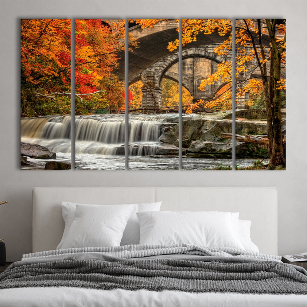 Beautiful Berea Falls In Autumn Ohio Large Stretched Canvas, 5 Piece B Extra Large Cavas Print Wall Art Decor