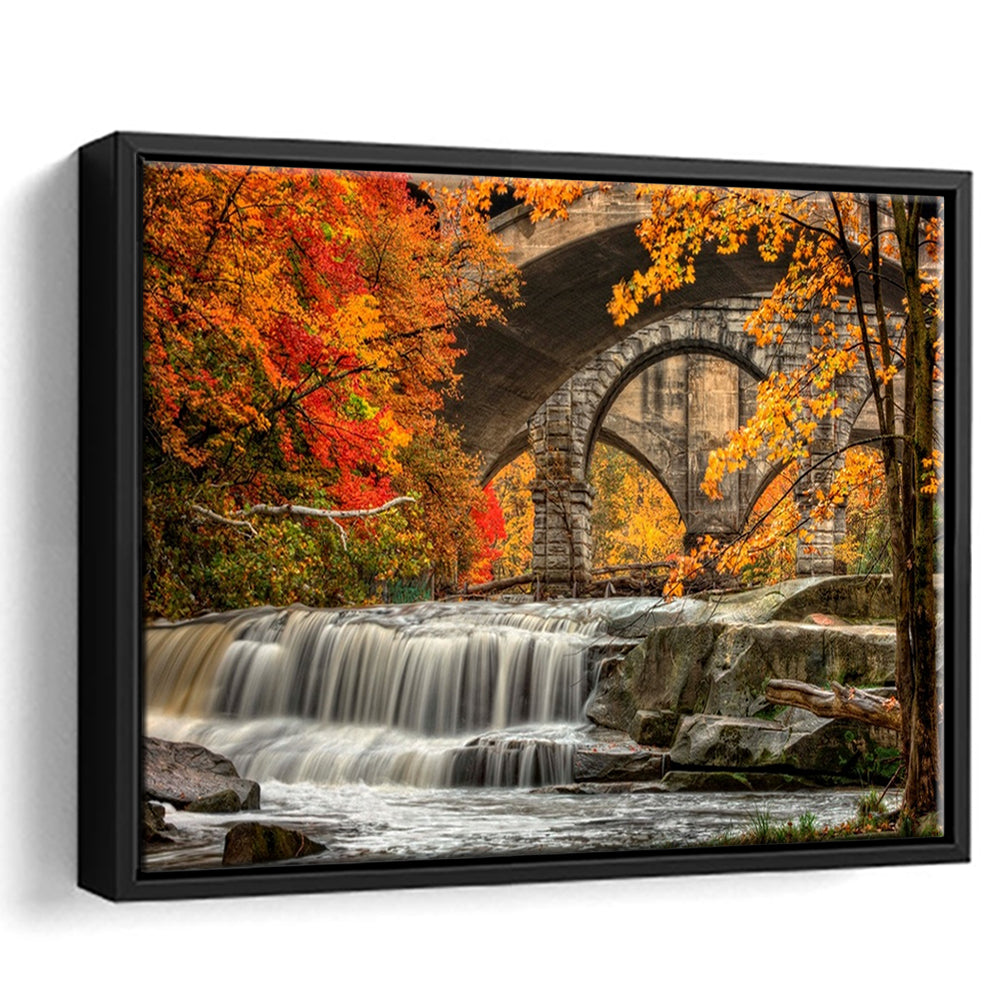 Beautiful Berea Falls In Autumn Ohio Large Stretched Canvas, Framed Cavas Print, Floating Frame