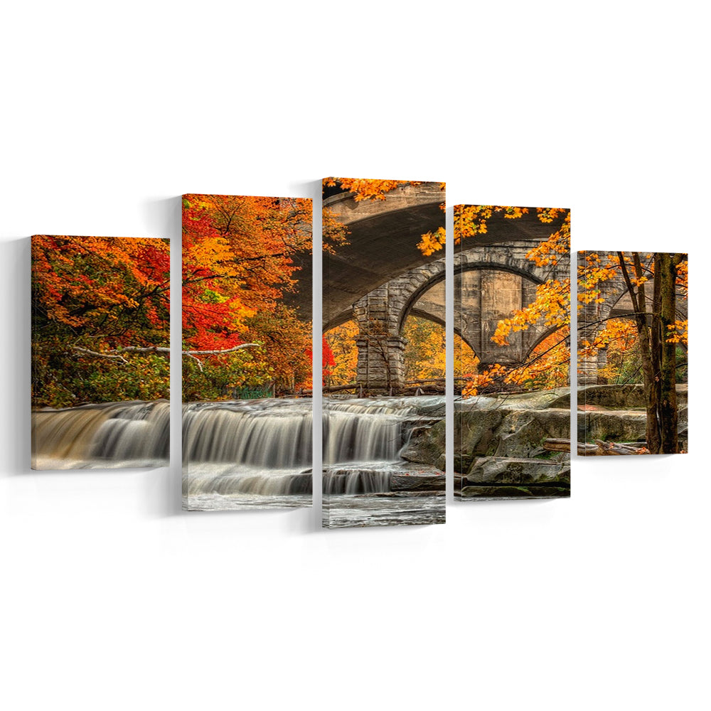 Beautiful Berea Falls In Autumn Ohio Large Stretched Canvas, 5 Piece Large Cavas Print Wall Art