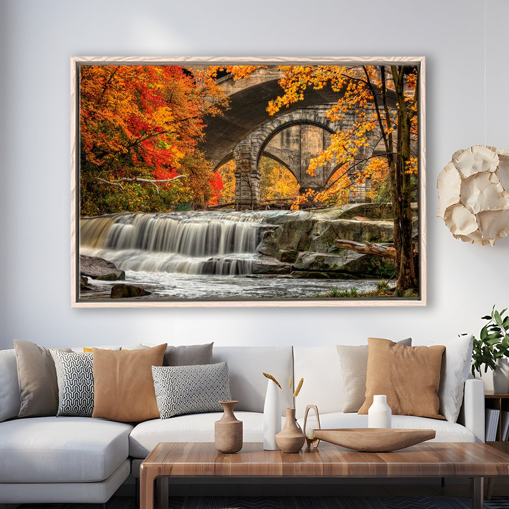 Beautiful Berea Falls In Autumn Ohio Large Stretched Canvas, Framed Cavas Print, Floating Frame