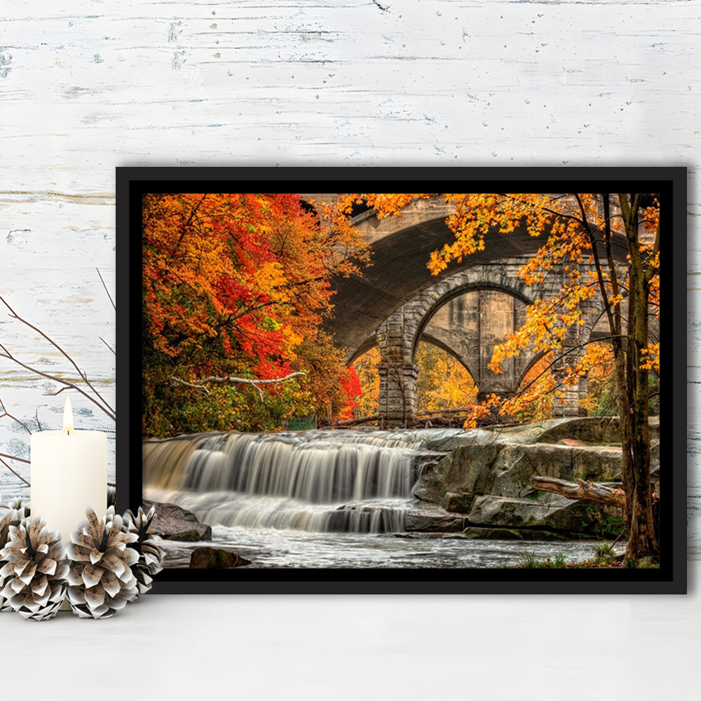 Beautiful Berea Falls In Autumn Ohio Large Stretched Canvas, Framed Cavas Print, Floating Frame