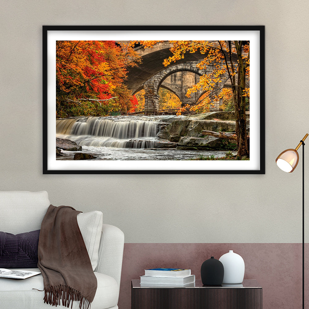 Beautiful Berea Falls In Autumn Ohio Large Stretched, Framed Art Print White Border