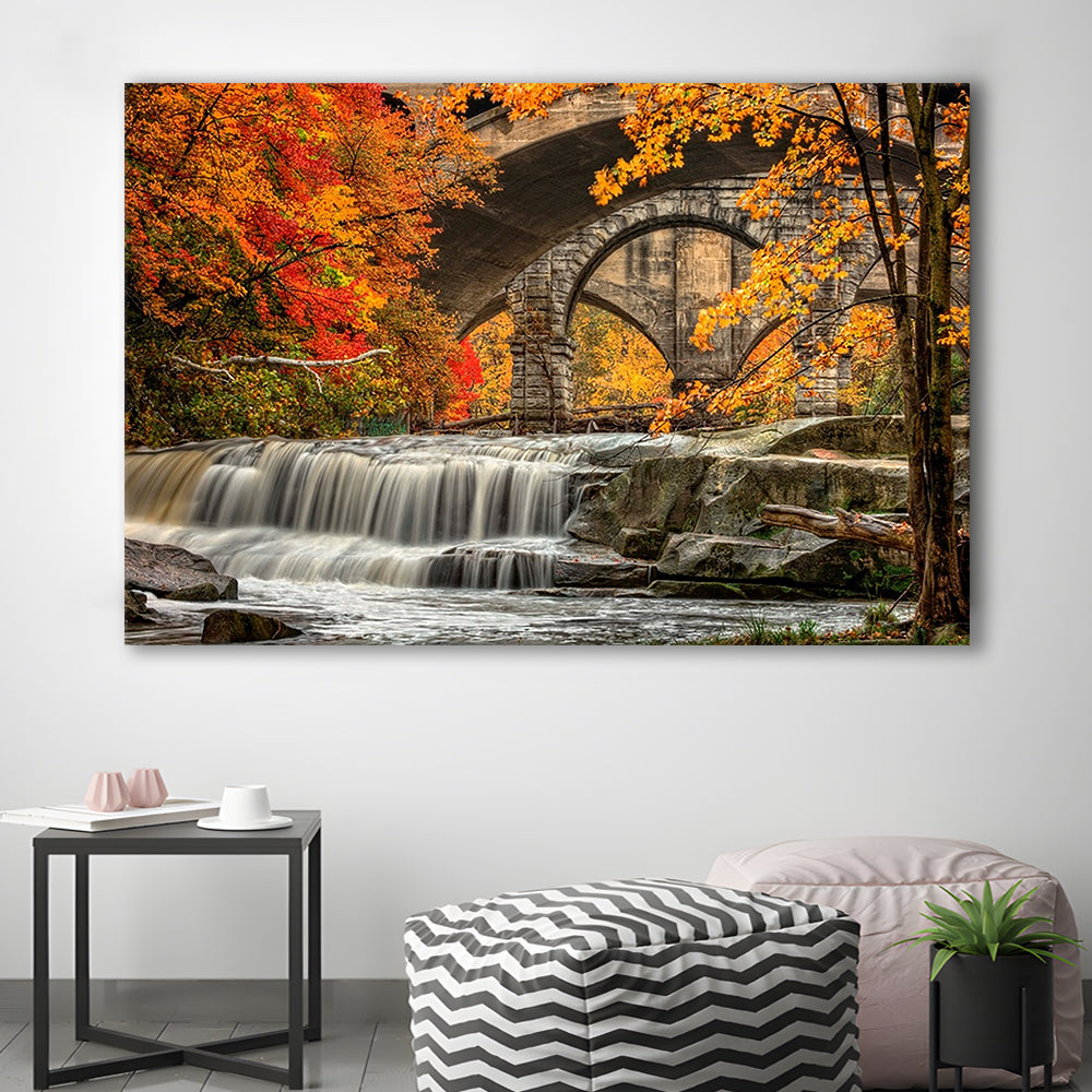 Beautiful Berea Falls In Autumn Ohio Large Stretched Canvas, Cavas Print Wall Art Hom Decor