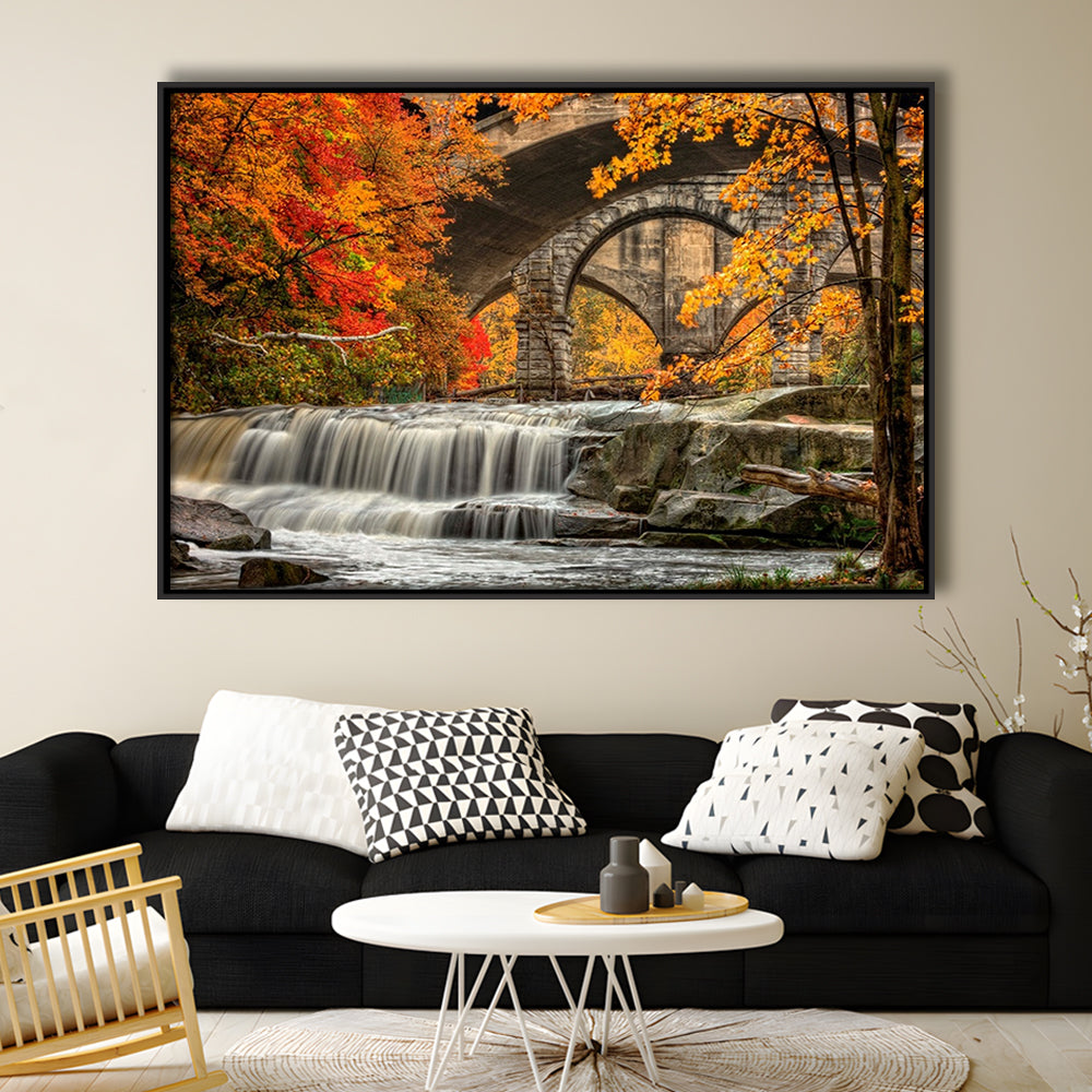 Beautiful Berea Falls In Autumn Ohio Large Stretched Canvas, Framed Cavas Print, Floating Frame