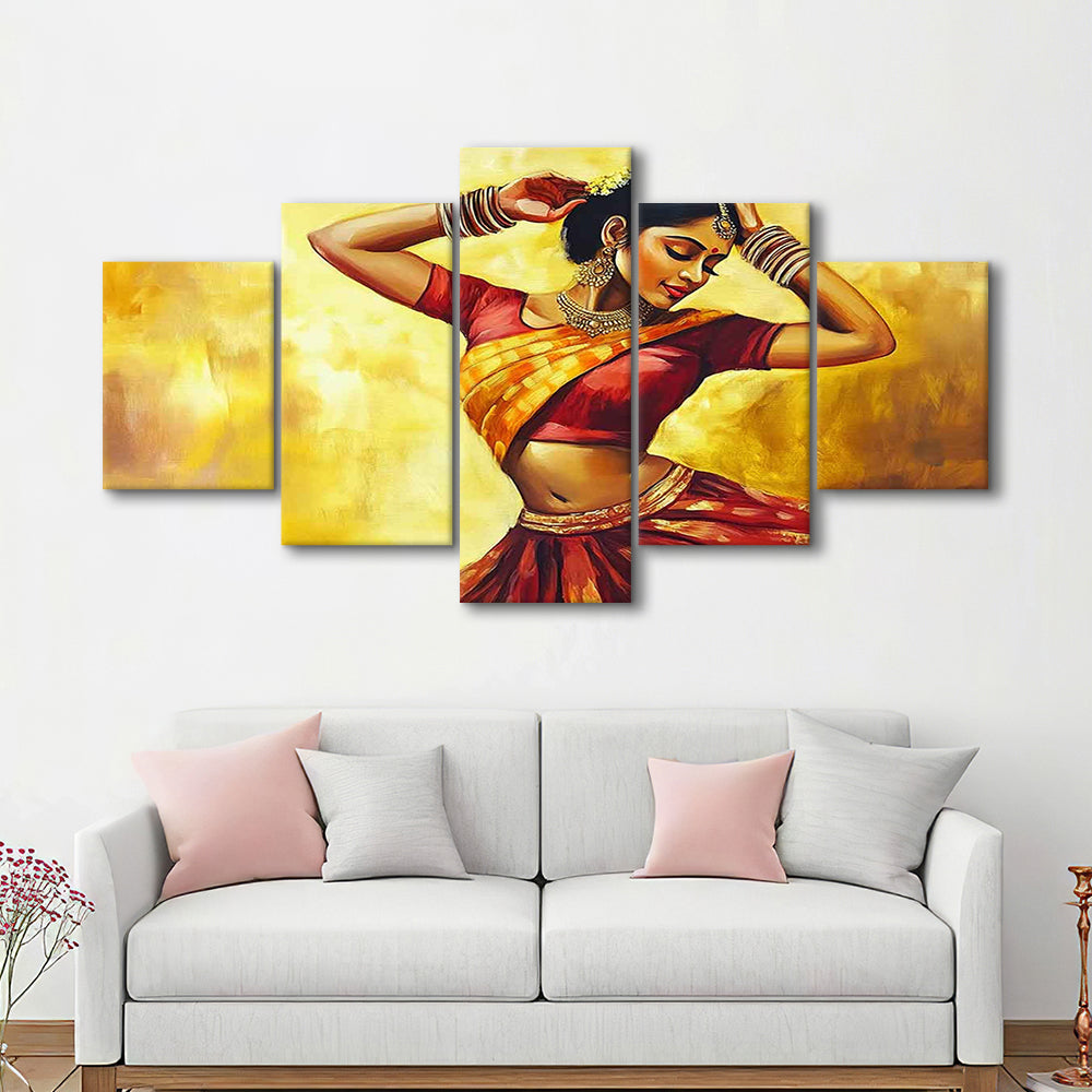 Beautiful Indian Wall Art, Woman Dancing Canvas Print, Extra Large India Wall Decor, 5 Piece Large Cavas Print Wall Art