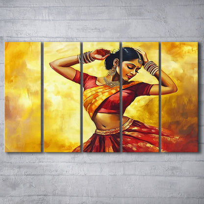 Beautiful Indian Wall Art, Woman Dancing Canvas Print, 5 Piece B Extra Large Cavas Print Wall Art Decor