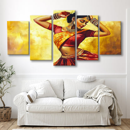 Beautiful Indian Wall Art, Woman Dancing Canvas Print, Extra Large India Wall Decor, 5 Piece Large Cavas Print Wall Art