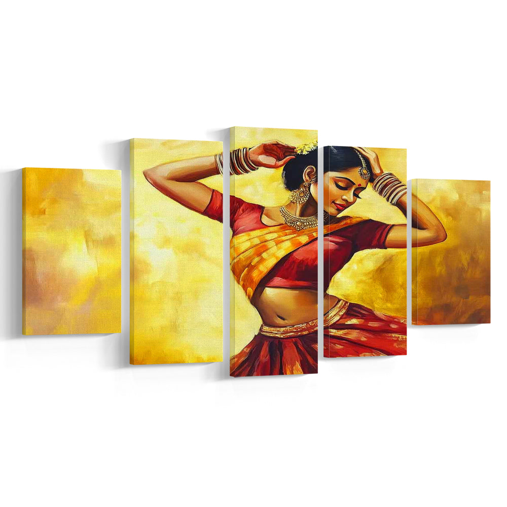 Beautiful Indian Wall Art, Woman Dancing Canvas Print, Extra Large India Wall Decor, 5 Piece Large Cavas Print Wall Art