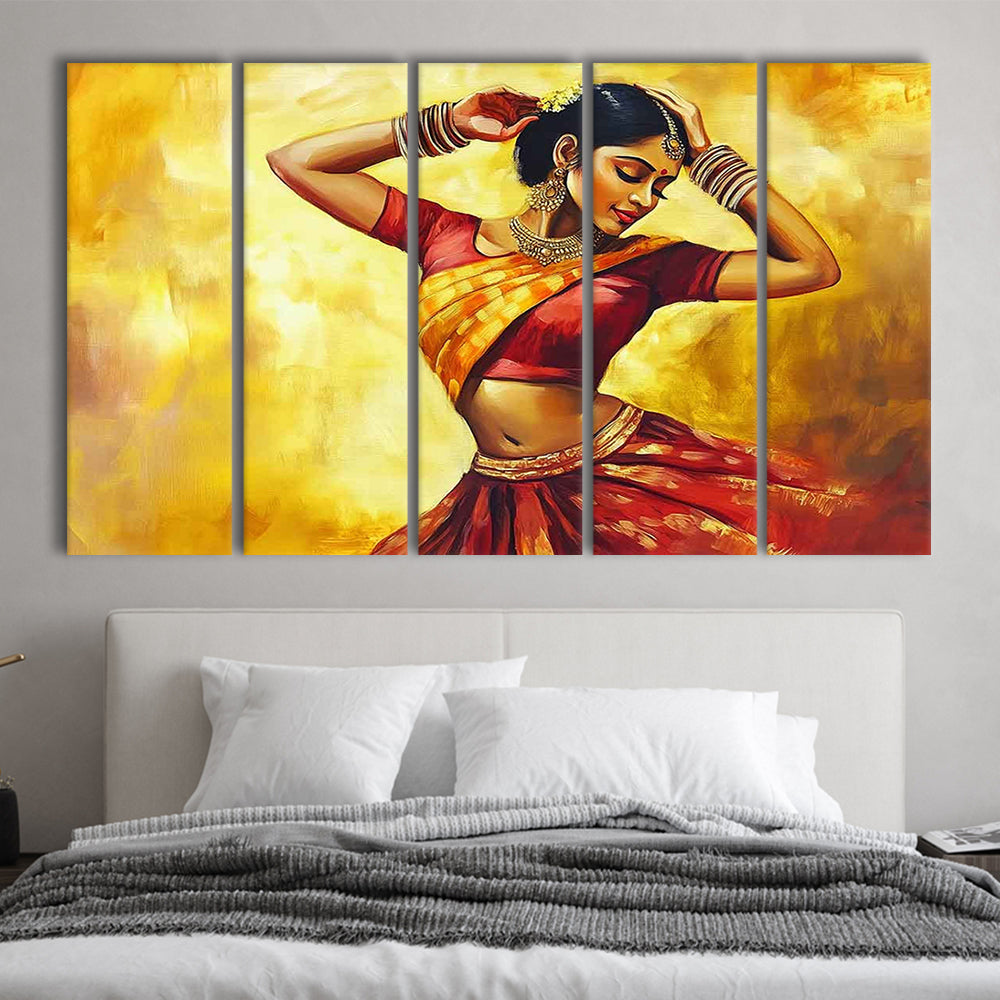 Beautiful Indian Wall Art, Woman Dancing Canvas Print, 5 Piece B Extra Large Cavas Print Wall Art Decor